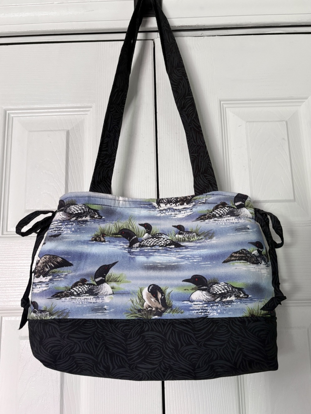 Handmade Vtg Wildlife Print Tote Bag Loons on Lake | Woodsy Folk Cabin